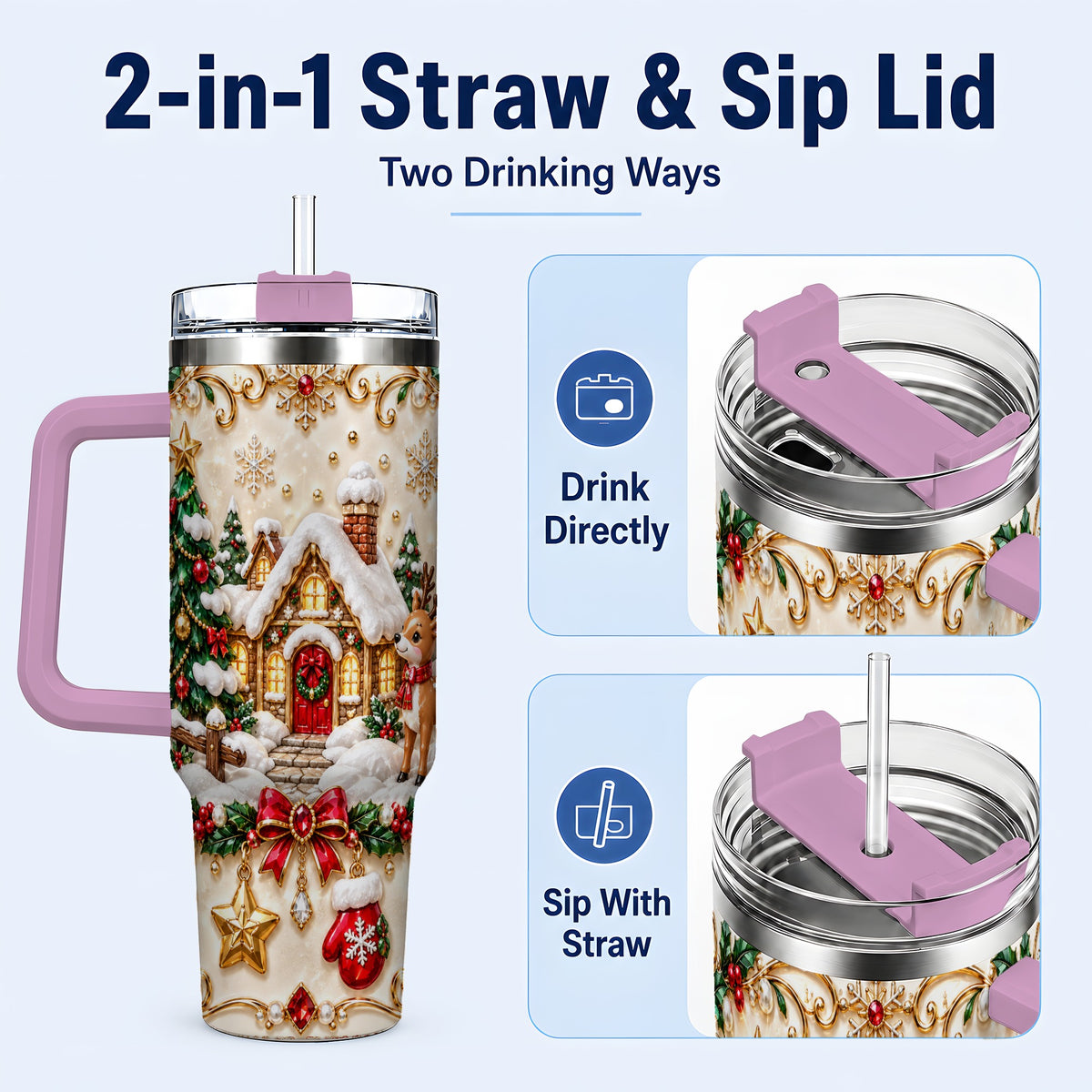 #pl[40oz|Pink] Festive Winter Cottage 40oz Tumbler, Reindeer Stainless Steel Travel Cup