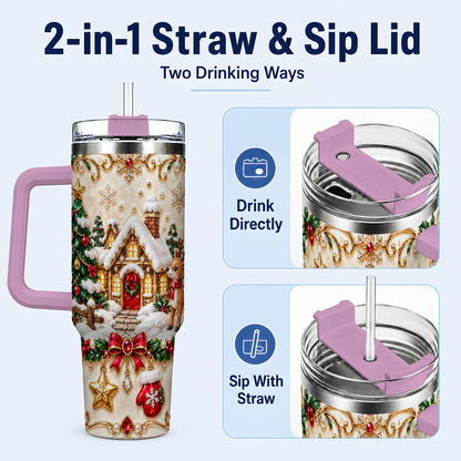#pl[40oz|Pink] Festive Winter Cottage 40oz Tumbler, Reindeer Stainless Steel Travel Cup
