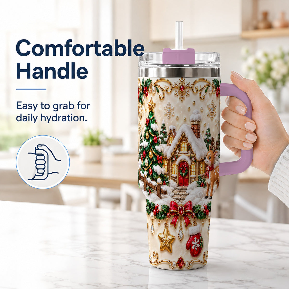 #pl[40oz|Pink] Festive Winter Cottage 40oz Tumbler, Reindeer Stainless Steel Travel Cup