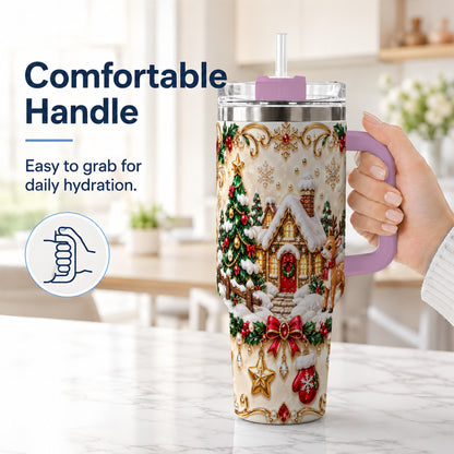 #pl[40oz|Pink] Festive Winter Cottage 40oz Tumbler, Reindeer Stainless Steel Travel Cup