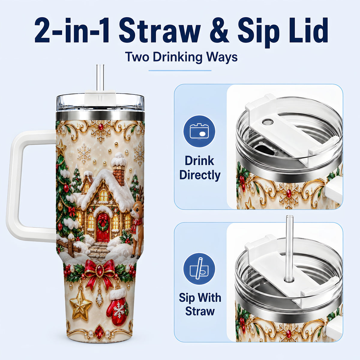 #pl[40oz|White] Festive Winter Cottage 40oz Tumbler, Reindeer Stainless Steel Travel Cup