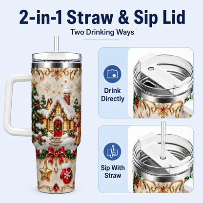 #pl[40oz|White] Festive Winter Cottage 40oz Tumbler, Reindeer Stainless Steel Travel Cup