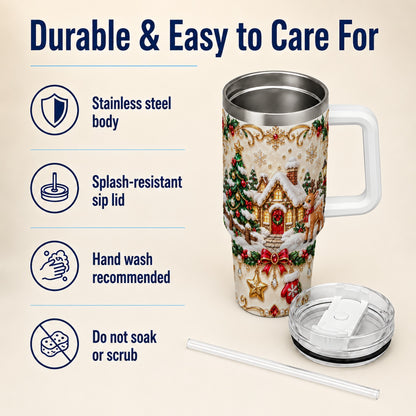 Festive Winter Cottage 40oz Tumbler, Reindeer Stainless Steel Travel Cup