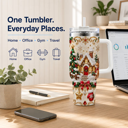 Festive Winter Cottage 40oz Tumbler, Reindeer Stainless Steel Travel Cup