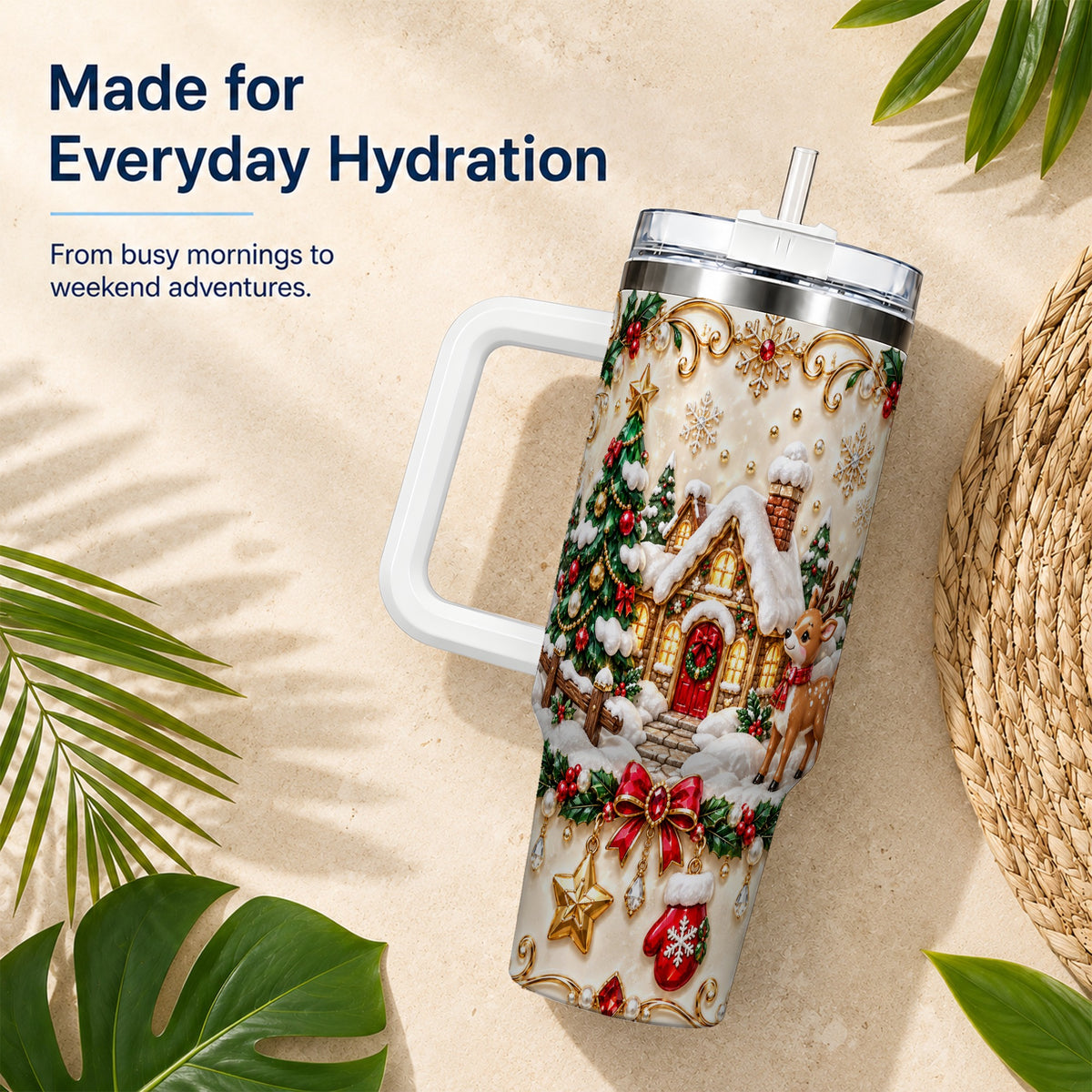 Festive Winter Cottage 40oz Tumbler, Reindeer Stainless Steel Travel Cup
