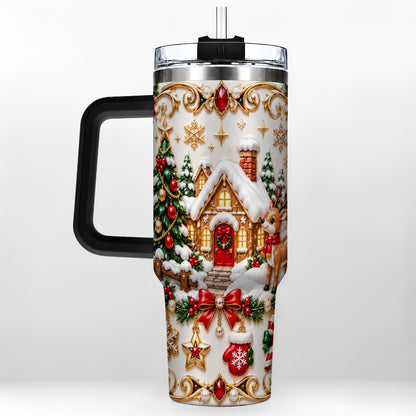 #pl[40oz|Black] Poinsettia Winter Cottage 40oz Tumbler, Reindeer Stainless Steel Travel Cup
