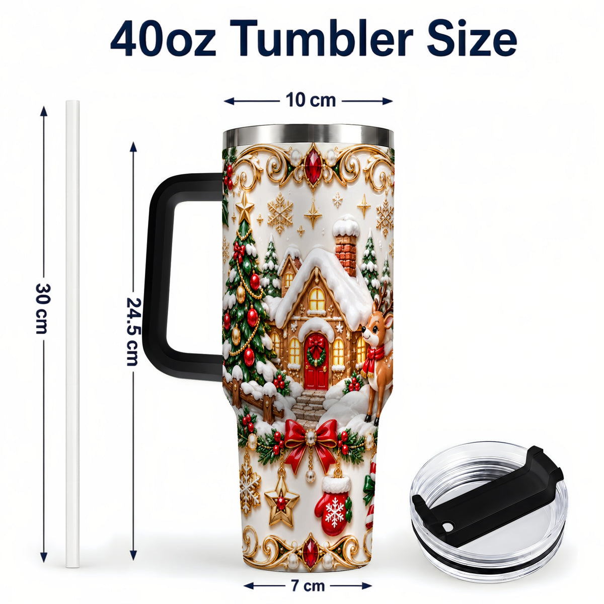 #pl[40oz|Black] Poinsettia Winter Cottage 40oz Tumbler, Reindeer Stainless Steel Travel Cup