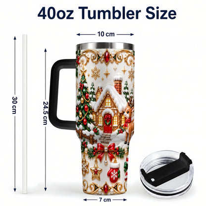 #pl[40oz|Black] Poinsettia Winter Cottage 40oz Tumbler, Reindeer Stainless Steel Travel Cup