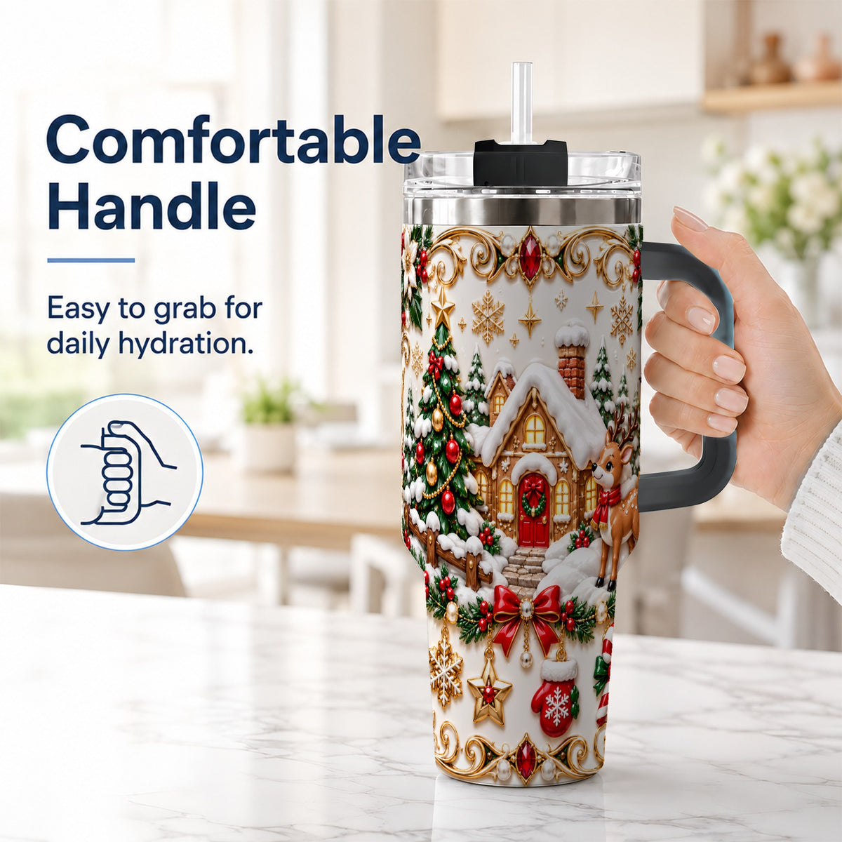 #pl[40oz|Black] Poinsettia Winter Cottage 40oz Tumbler, Reindeer Stainless Steel Travel Cup