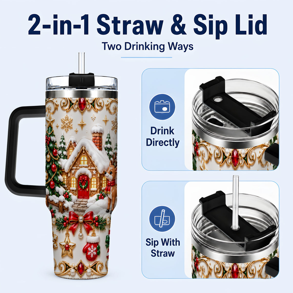 #pl[40oz|Black] Poinsettia Winter Cottage 40oz Tumbler, Reindeer Stainless Steel Travel Cup