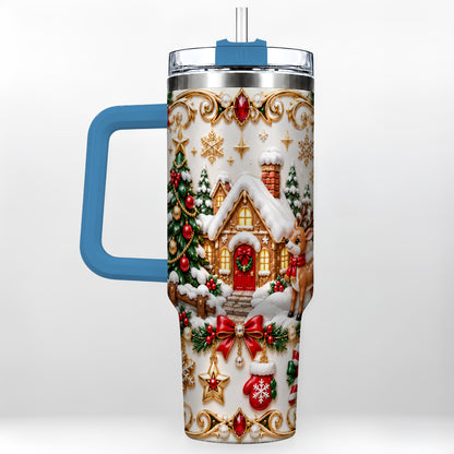 #pl[40oz|Blue] Poinsettia Winter Cottage 40oz Tumbler, Reindeer Stainless Steel Travel Cup