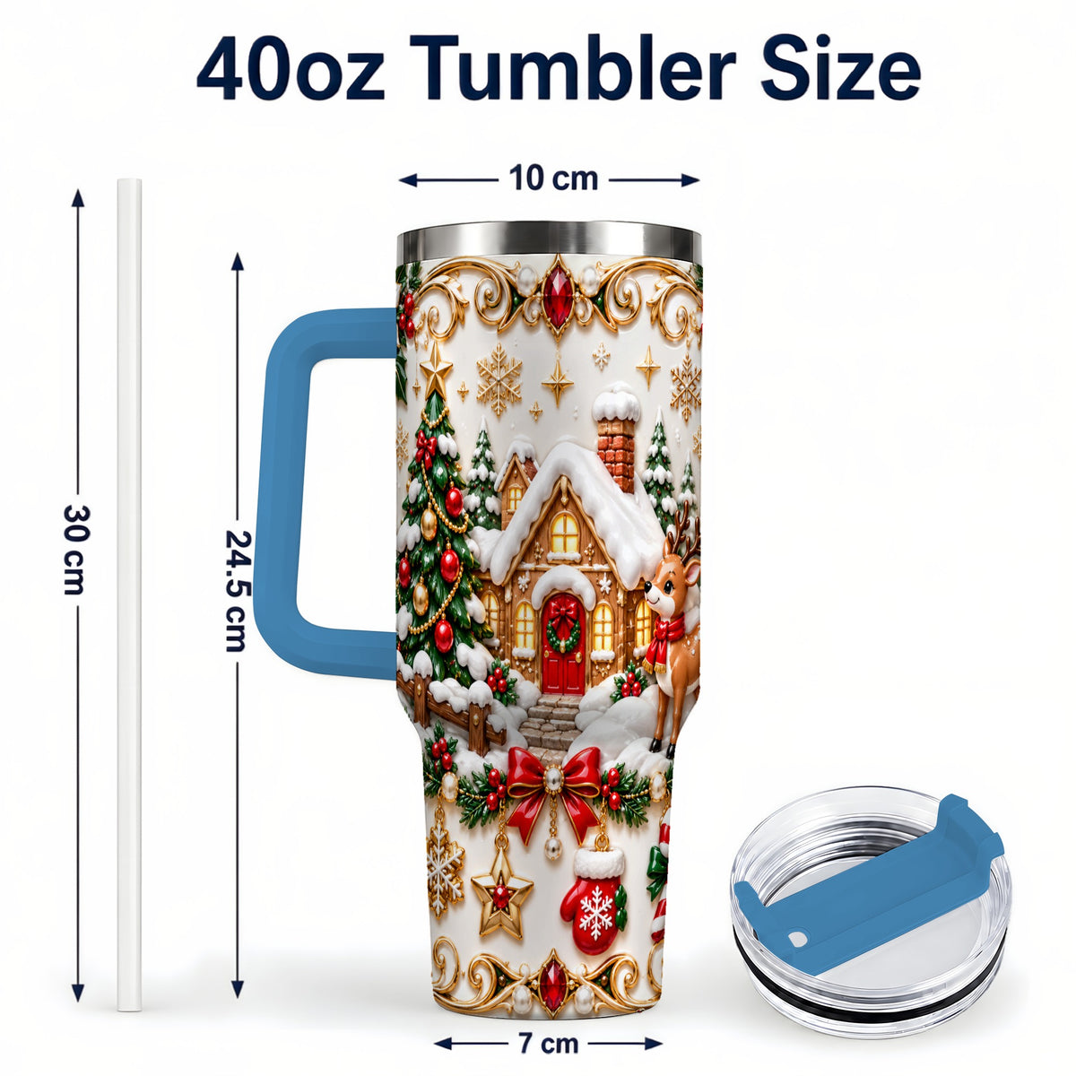 #pl[40oz|Blue] Poinsettia Winter Cottage 40oz Tumbler, Reindeer Stainless Steel Travel Cup