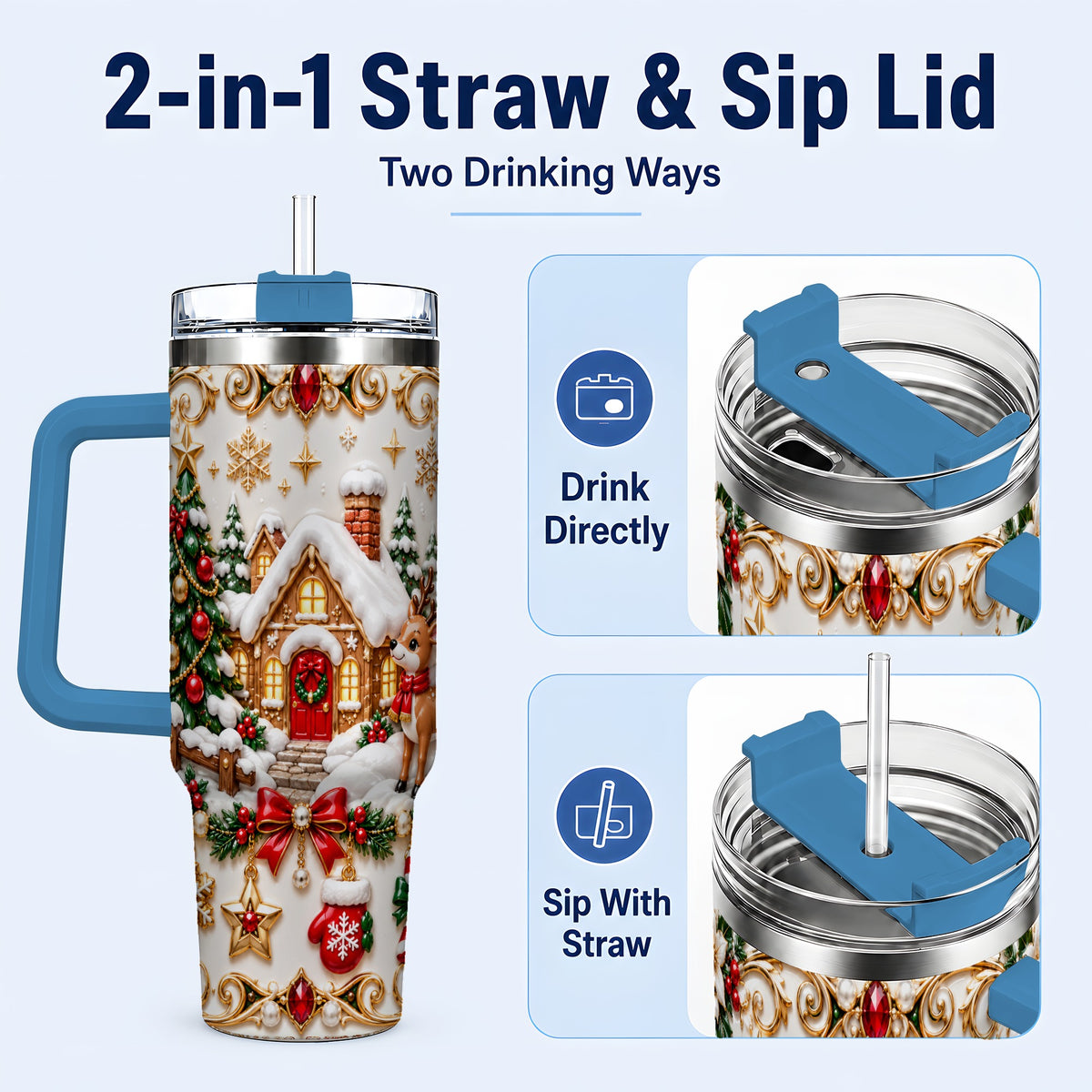 #pl[40oz|Blue] Poinsettia Winter Cottage 40oz Tumbler, Reindeer Stainless Steel Travel Cup