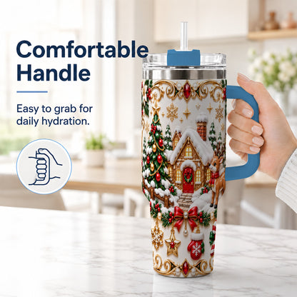 #pl[40oz|Blue] Poinsettia Winter Cottage 40oz Tumbler, Reindeer Stainless Steel Travel Cup