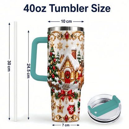 #pl[40oz|Green] Poinsettia Winter Cottage 40oz Tumbler, Reindeer Stainless Steel Travel Cup
