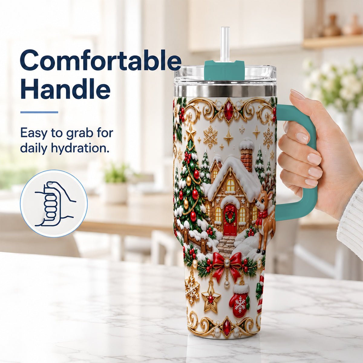 #pl[40oz|Green] Poinsettia Winter Cottage 40oz Tumbler, Reindeer Stainless Steel Travel Cup