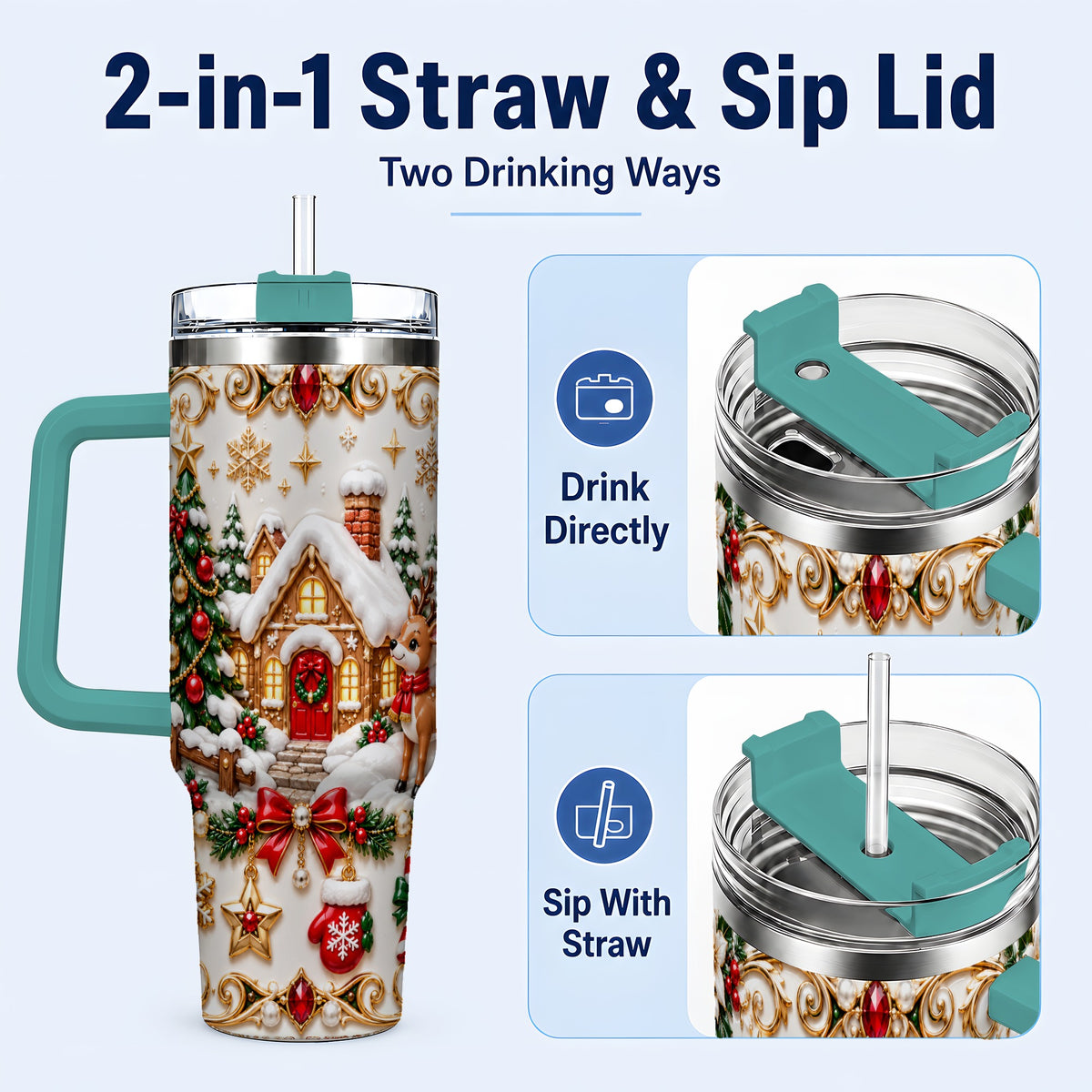 #pl[40oz|Green] Poinsettia Winter Cottage 40oz Tumbler, Reindeer Stainless Steel Travel Cup