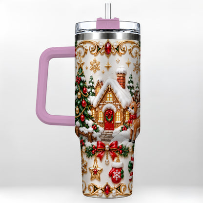 #pl[40oz|Pink] Poinsettia Winter Cottage 40oz Tumbler, Reindeer Stainless Steel Travel Cup