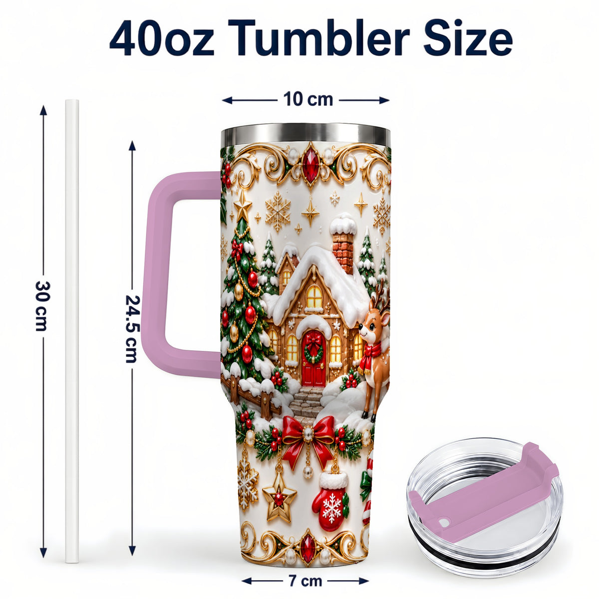 #pl[40oz|Pink] Poinsettia Winter Cottage 40oz Tumbler, Reindeer Stainless Steel Travel Cup