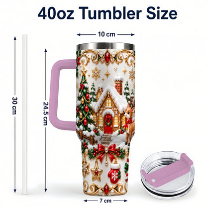 #pl[40oz|Pink] Poinsettia Winter Cottage 40oz Tumbler, Reindeer Stainless Steel Travel Cup