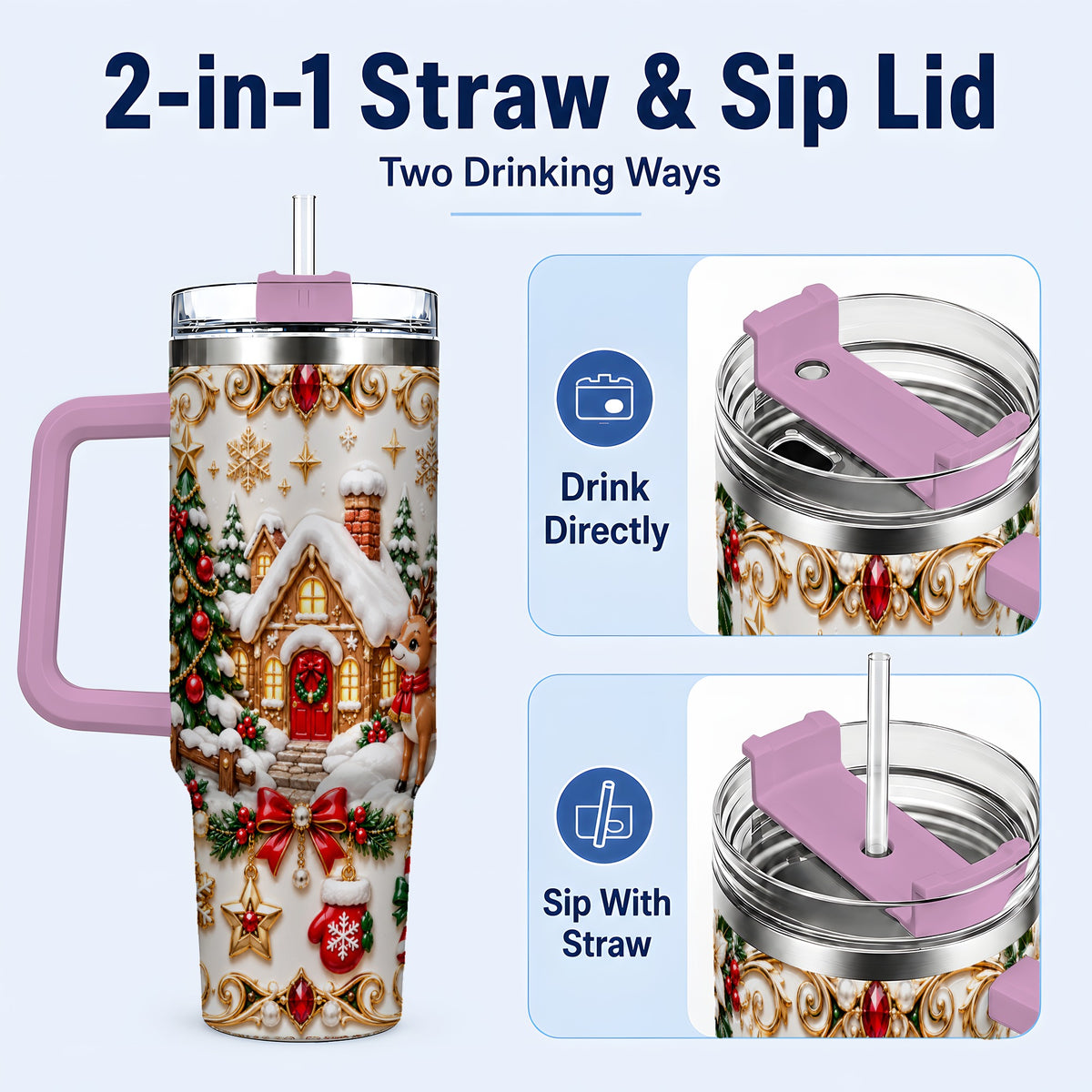 #pl[40oz|Pink] Poinsettia Winter Cottage 40oz Tumbler, Reindeer Stainless Steel Travel Cup