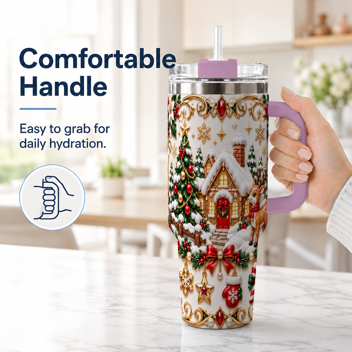 #pl[40oz|Pink] Poinsettia Winter Cottage 40oz Tumbler, Reindeer Stainless Steel Travel Cup