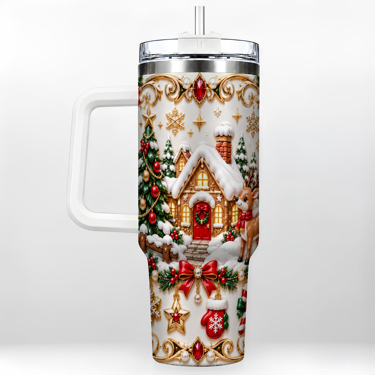 Poinsettia Winter Cottage 40oz Tumbler, Reindeer Stainless Steel Travel Cup