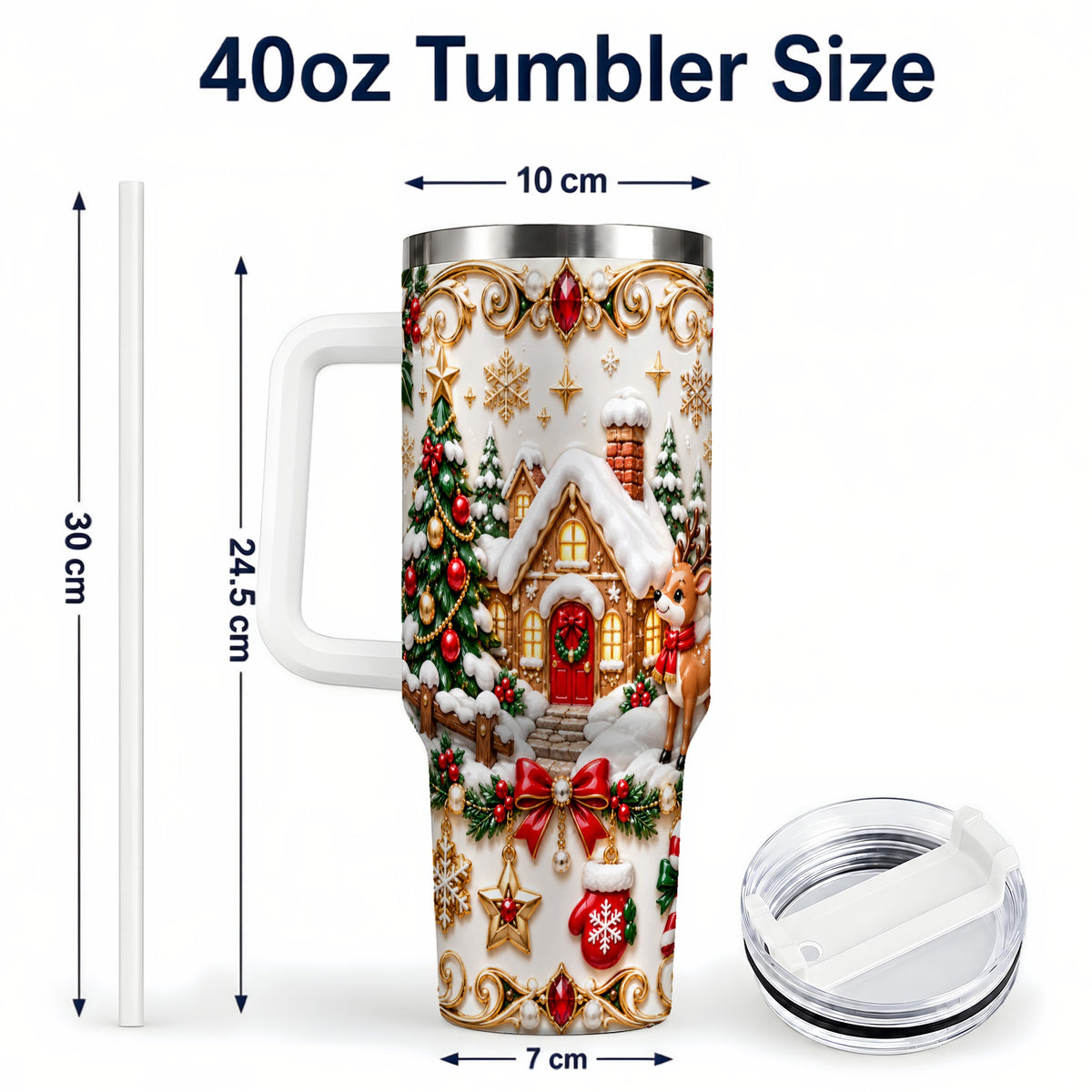 #pl[40oz|White] Poinsettia Winter Cottage 40oz Tumbler, Reindeer Stainless Steel Travel Cup