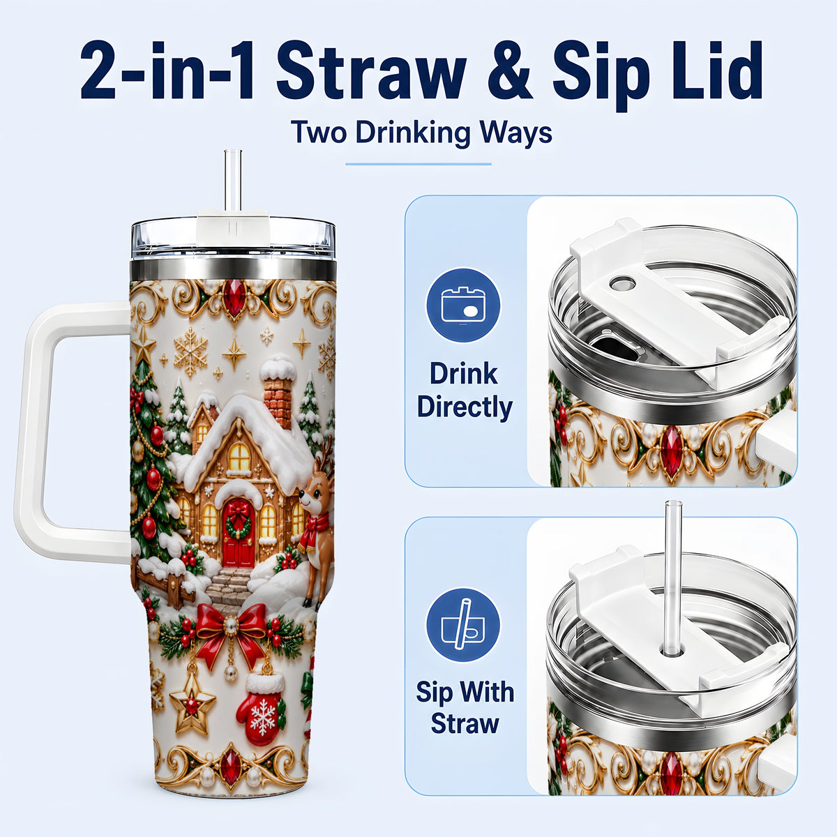 #pl[40oz|White] Poinsettia Winter Cottage 40oz Tumbler, Reindeer Stainless Steel Travel Cup