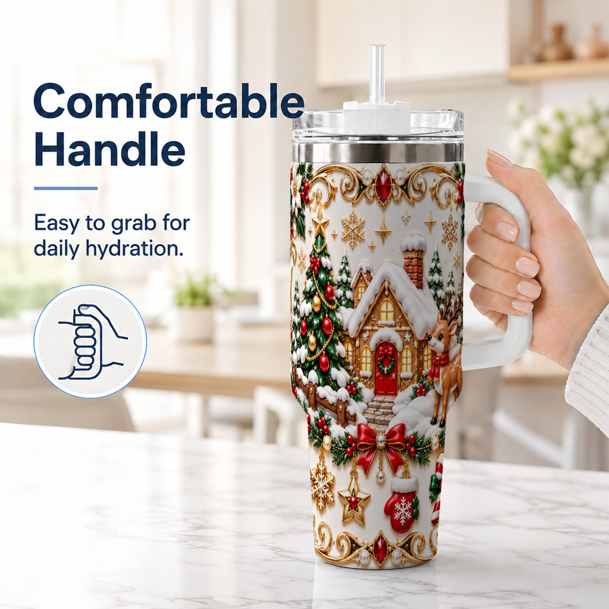 #pl[40oz|White] Poinsettia Winter Cottage 40oz Tumbler, Reindeer Stainless Steel Travel Cup