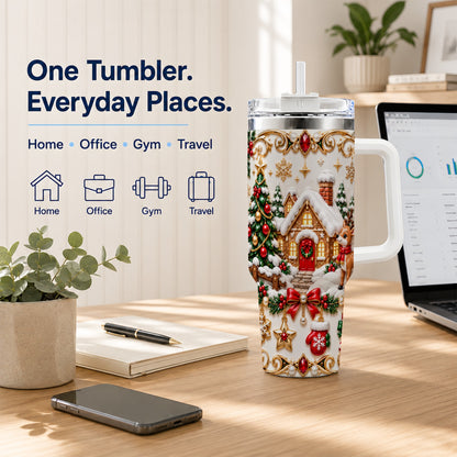 Poinsettia Winter Cottage 40oz Tumbler, Reindeer Stainless Steel Travel Cup
