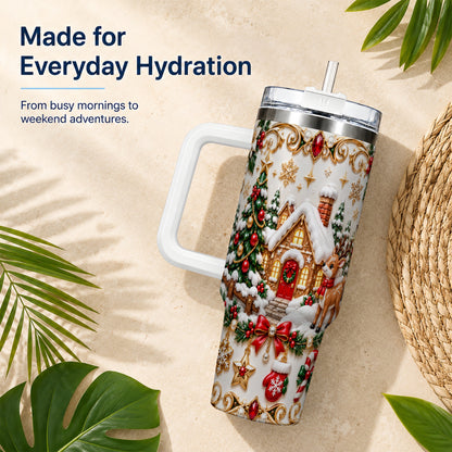 Poinsettia Winter Cottage 40oz Tumbler, Reindeer Stainless Steel Travel Cup