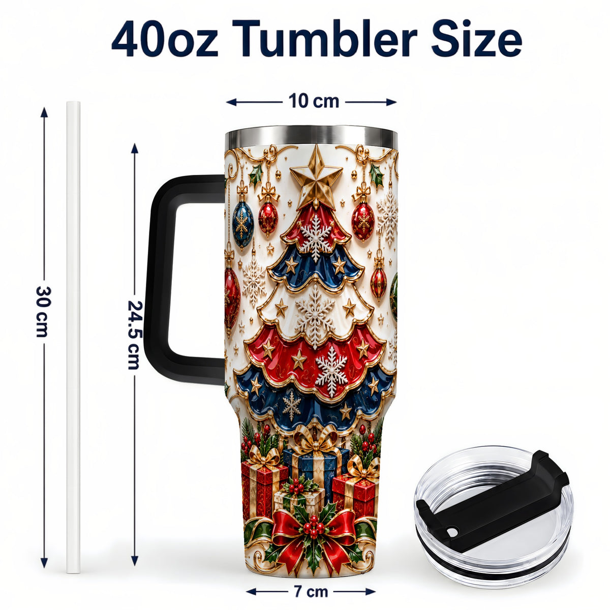 #pl[40oz|Black] Ornate Holiday Tree 40oz Tumbler, Snowflake Stainless Steel Travel Cup