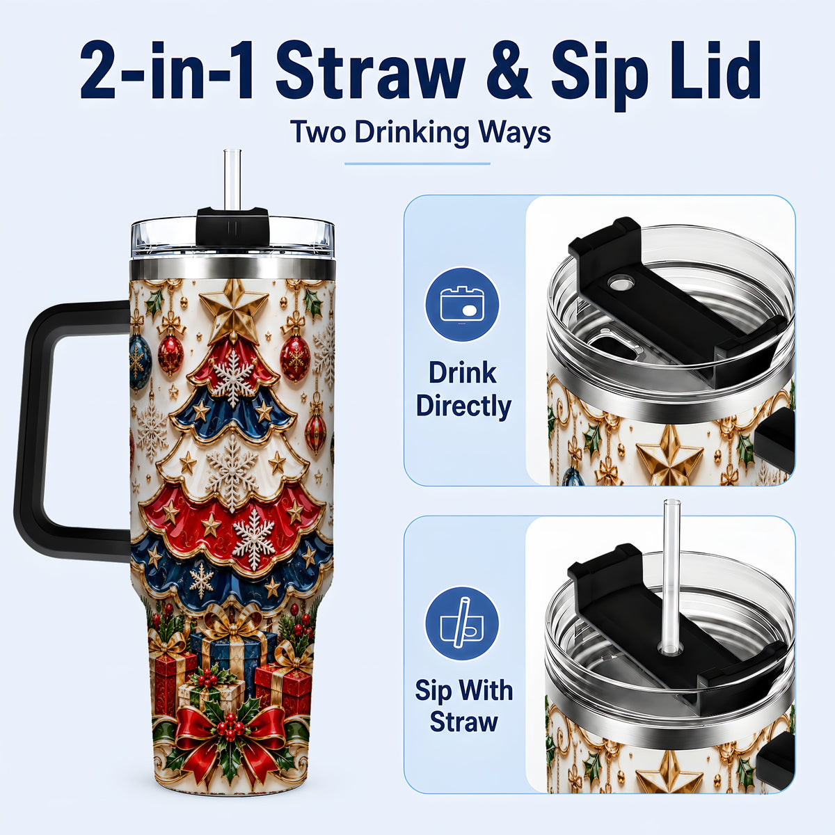 #pl[40oz|Black] Ornate Holiday Tree 40oz Tumbler, Snowflake Stainless Steel Travel Cup