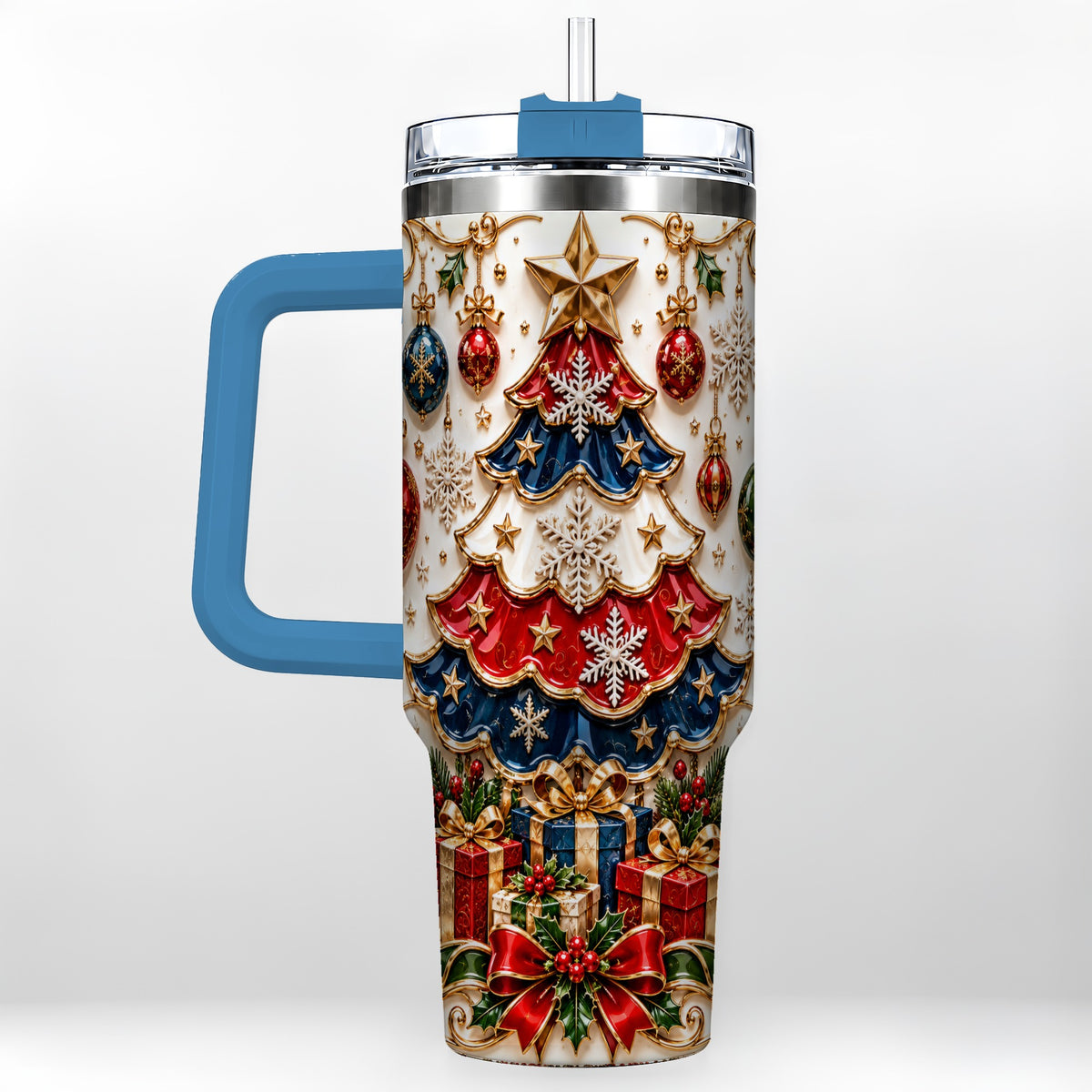 #pl[40oz|Blue] Ornate Holiday Tree 40oz Tumbler, Snowflake Stainless Steel Travel Cup