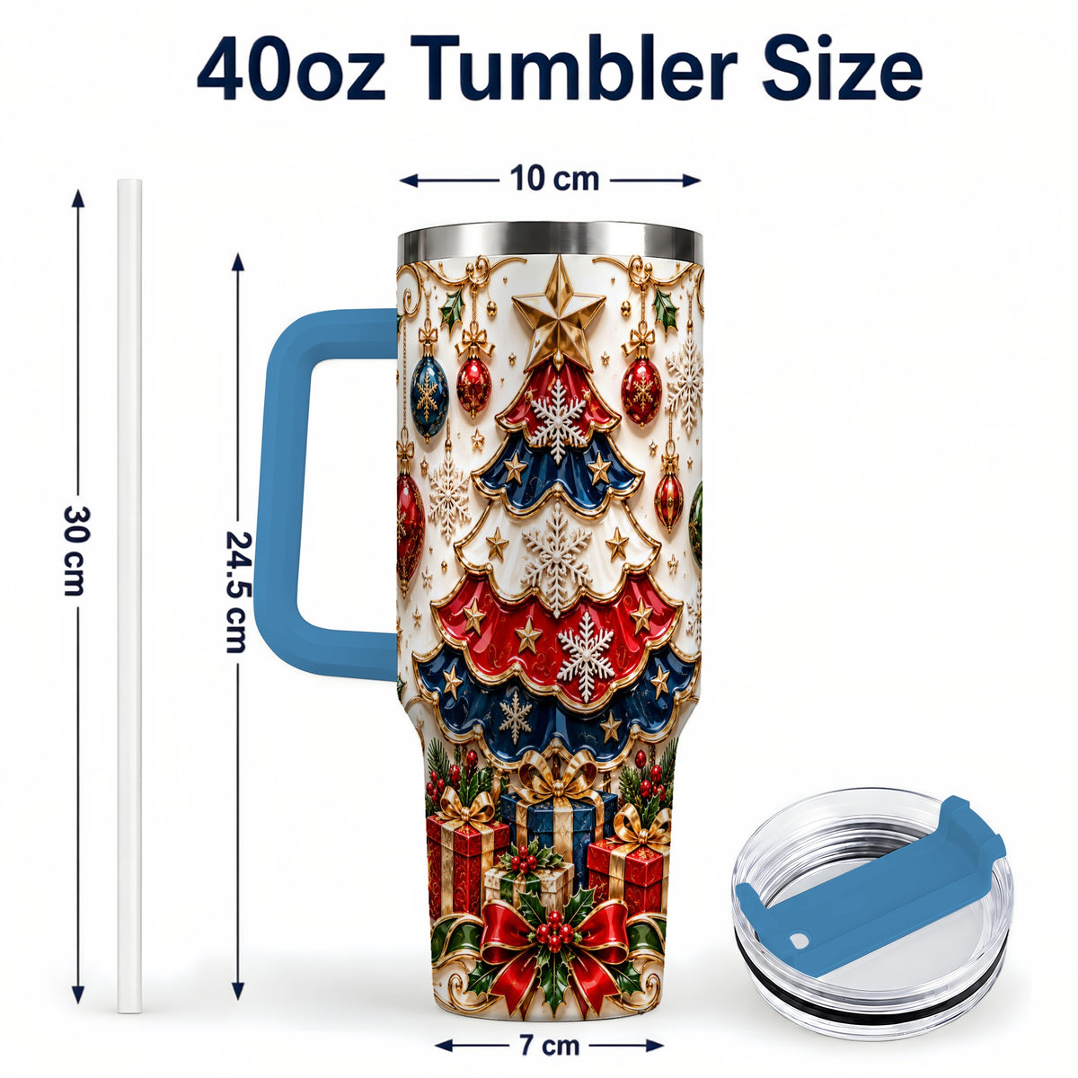 #pl[40oz|Blue] Ornate Holiday Tree 40oz Tumbler, Snowflake Stainless Steel Travel Cup