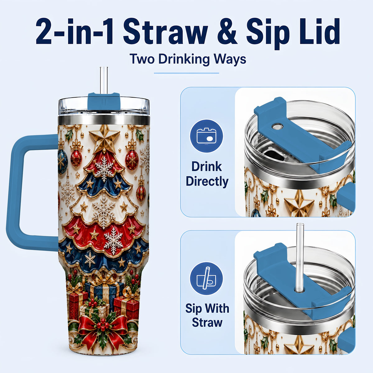 #pl[40oz|Blue] Ornate Holiday Tree 40oz Tumbler, Snowflake Stainless Steel Travel Cup
