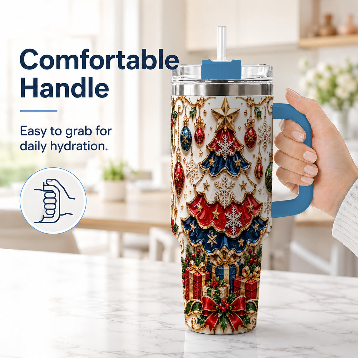 #pl[40oz|Blue] Ornate Holiday Tree 40oz Tumbler, Snowflake Stainless Steel Travel Cup