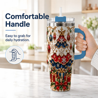 #pl[40oz|Blue] Ornate Holiday Tree 40oz Tumbler, Snowflake Stainless Steel Travel Cup