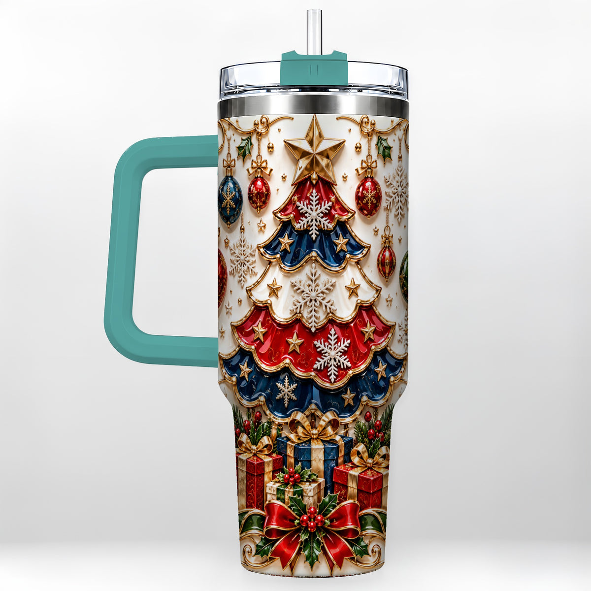 #pl[40oz|Green] Ornate Holiday Tree 40oz Tumbler, Snowflake Stainless Steel Travel Cup