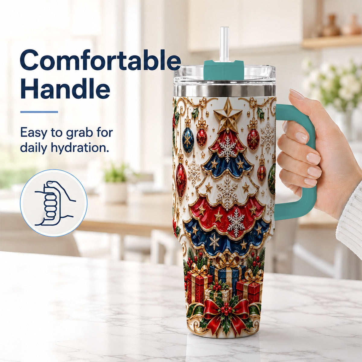 #pl[40oz|Green] Ornate Holiday Tree 40oz Tumbler, Snowflake Stainless Steel Travel Cup