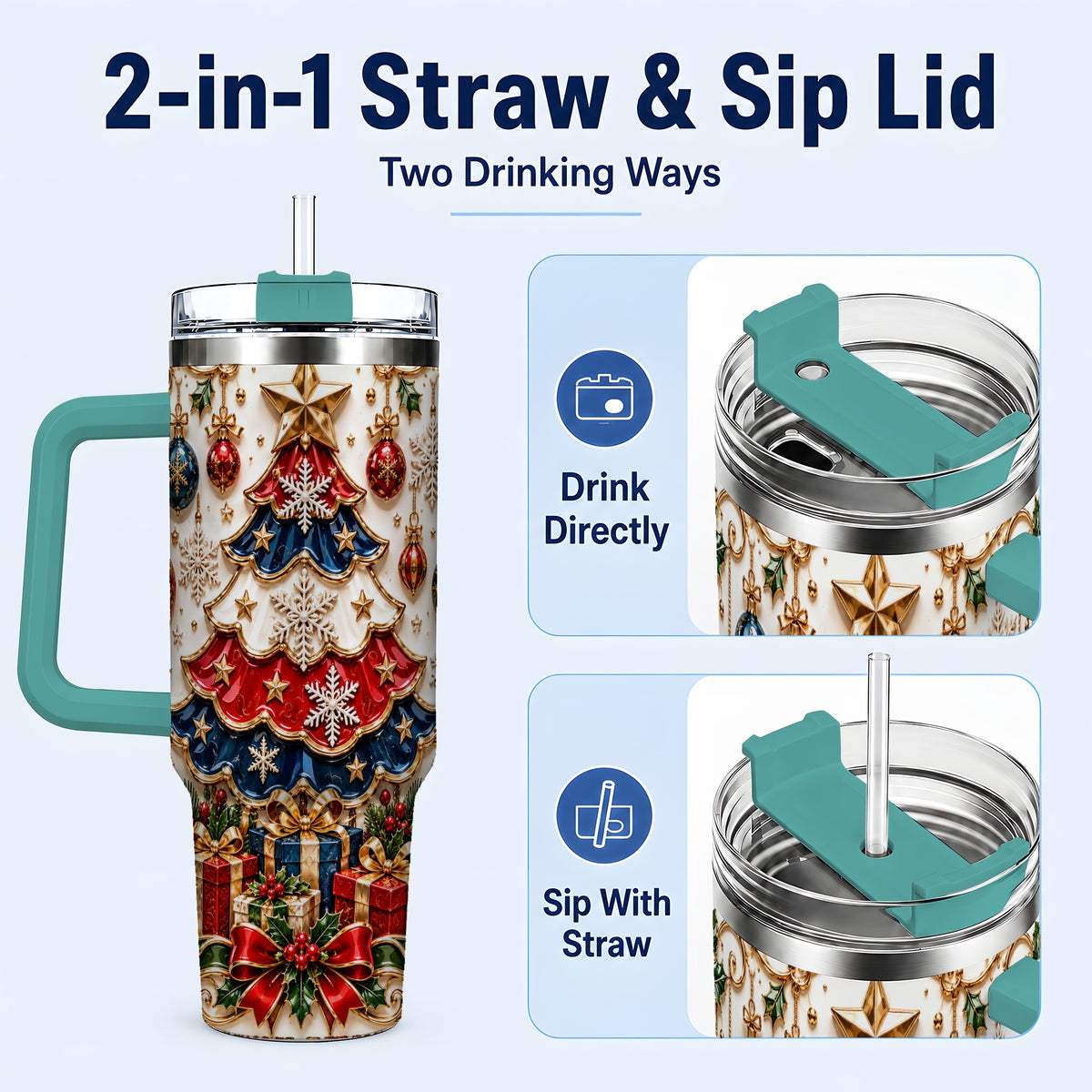 #pl[40oz|Green] Ornate Holiday Tree 40oz Tumbler, Snowflake Stainless Steel Travel Cup