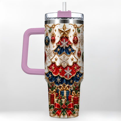 #pl[40oz|Pink] Ornate Holiday Tree 40oz Tumbler, Snowflake Stainless Steel Travel Cup