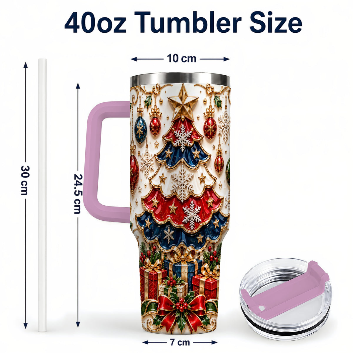 #pl[40oz|Pink] Ornate Holiday Tree 40oz Tumbler, Snowflake Stainless Steel Travel Cup
