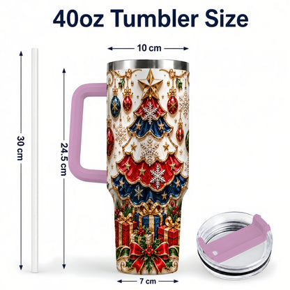 #pl[40oz|Pink] Ornate Holiday Tree 40oz Tumbler, Snowflake Stainless Steel Travel Cup