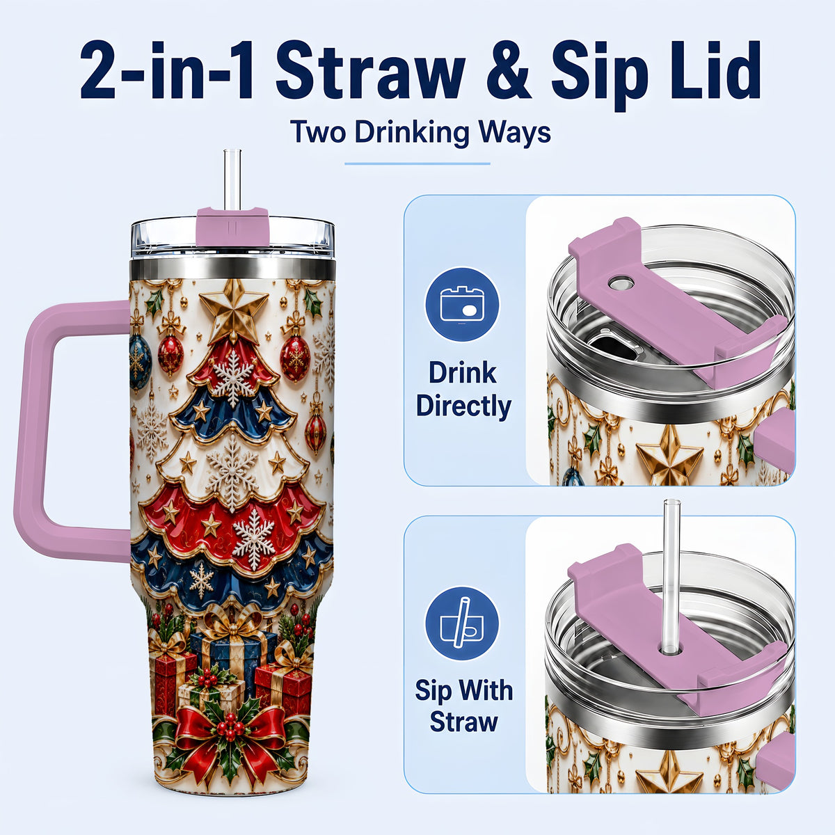 #pl[40oz|Pink] Ornate Holiday Tree 40oz Tumbler, Snowflake Stainless Steel Travel Cup