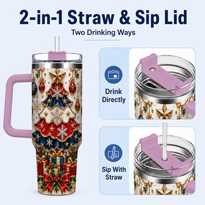 #pl[40oz|Pink] Ornate Holiday Tree 40oz Tumbler, Snowflake Stainless Steel Travel Cup