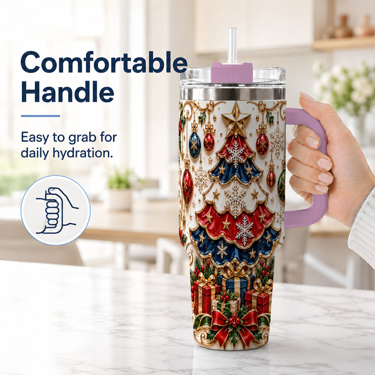 #pl[40oz|Pink] Ornate Holiday Tree 40oz Tumbler, Snowflake Stainless Steel Travel Cup