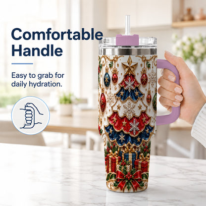 #pl[40oz|Pink] Ornate Holiday Tree 40oz Tumbler, Snowflake Stainless Steel Travel Cup