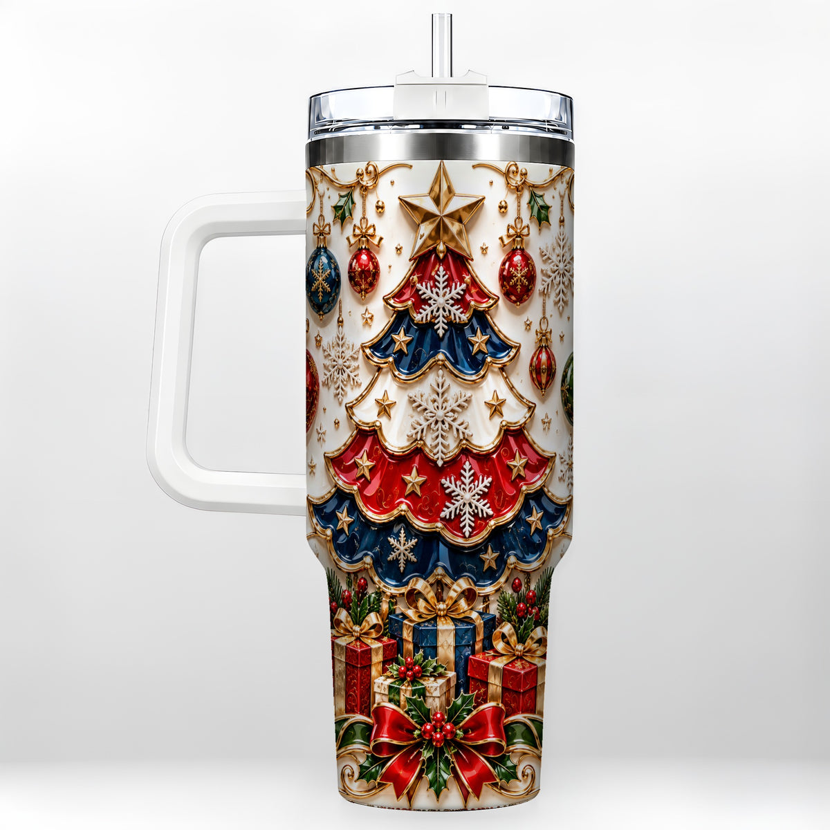 Ornate Holiday Tree 40oz Tumbler, Snowflake Stainless Steel Travel Cup